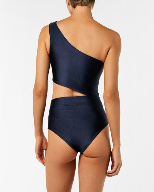 Navy blue one-shoulder swimsuit on a white background.