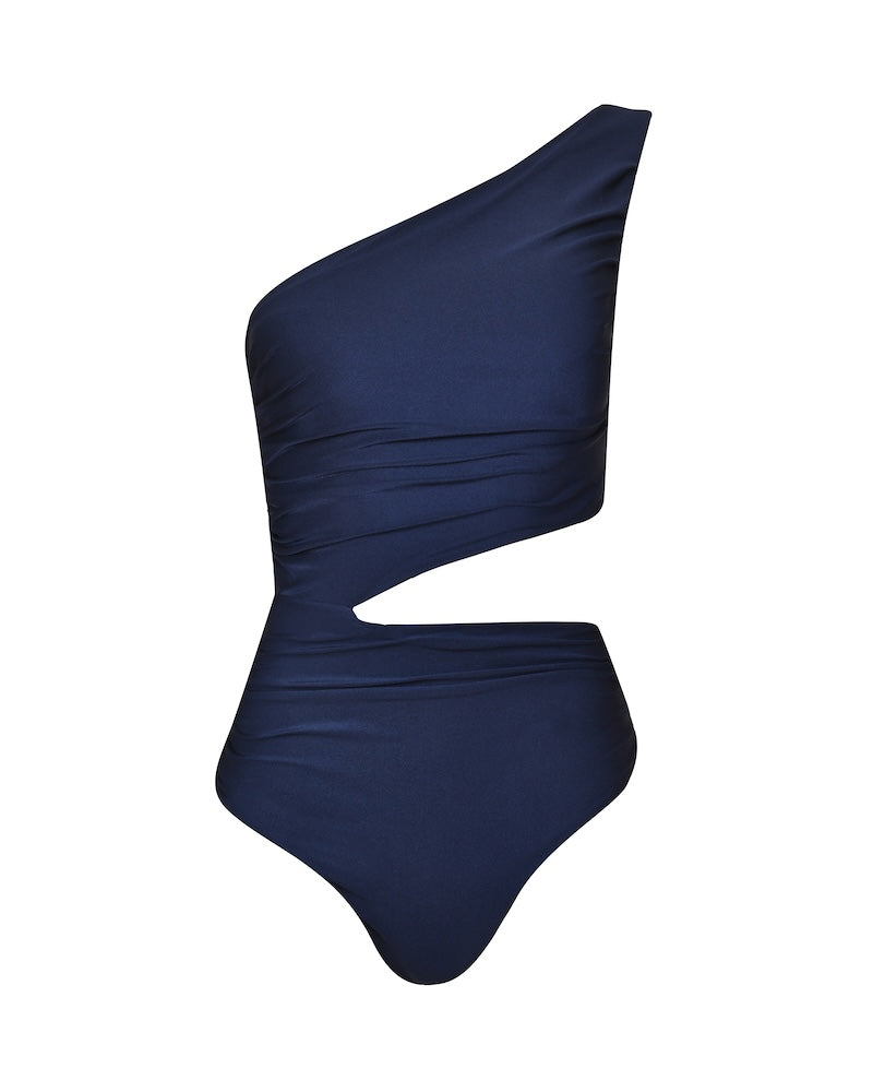 Navy blue one-shoulder one-piece swimsuit on a white background.