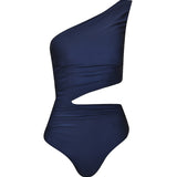 Navy blue one-shoulder one-piece swimsuit on a white background.