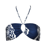 Navy blue and white patterned halter bikini top on a white background.