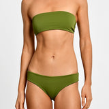 Green two piece bikini set on a white background.