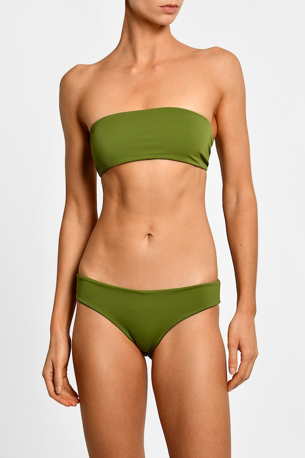 Green two piece bikini set on a white background.