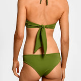 Green halter style bikini with a tie-back design on a white background.