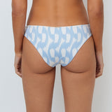 Blue and white patterned bikini bottom on a plain background.