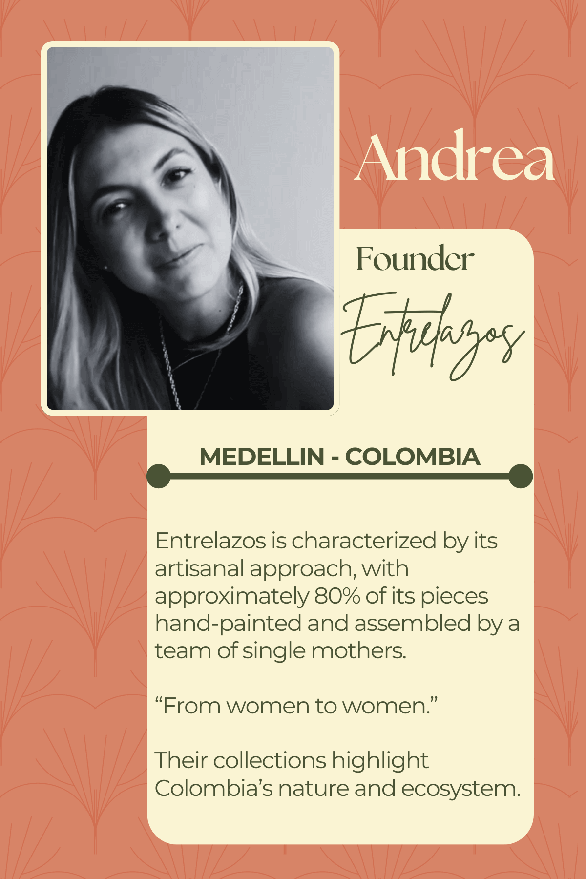 Title card for Andrea the founder of Entrelazos.