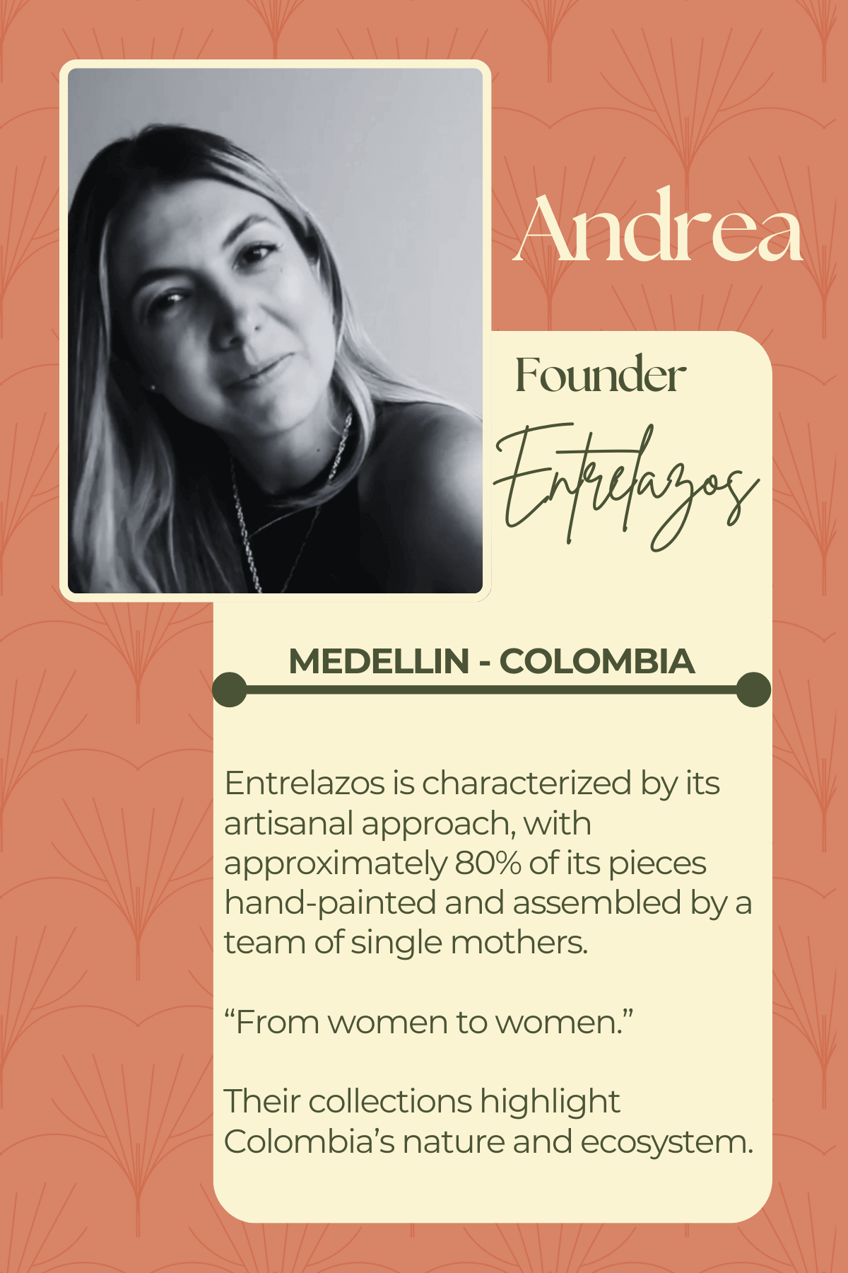 A title card of Andrea the founder of Entrelazos.