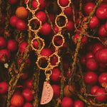 Gold necklace with circular links and a half a watermelon pendant on a background of red berries and green leaves.