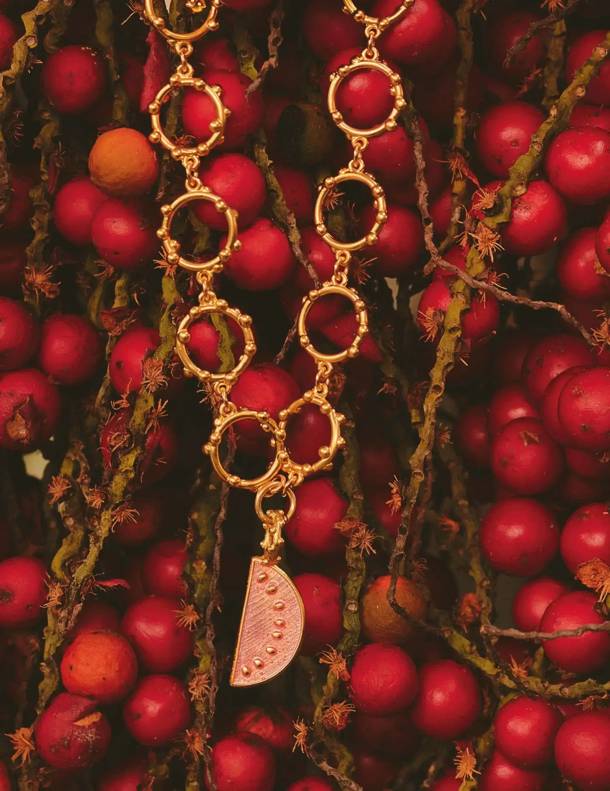 Gold necklace with circular links and a half a watermelon pendant on a background of red berries and green leaves.