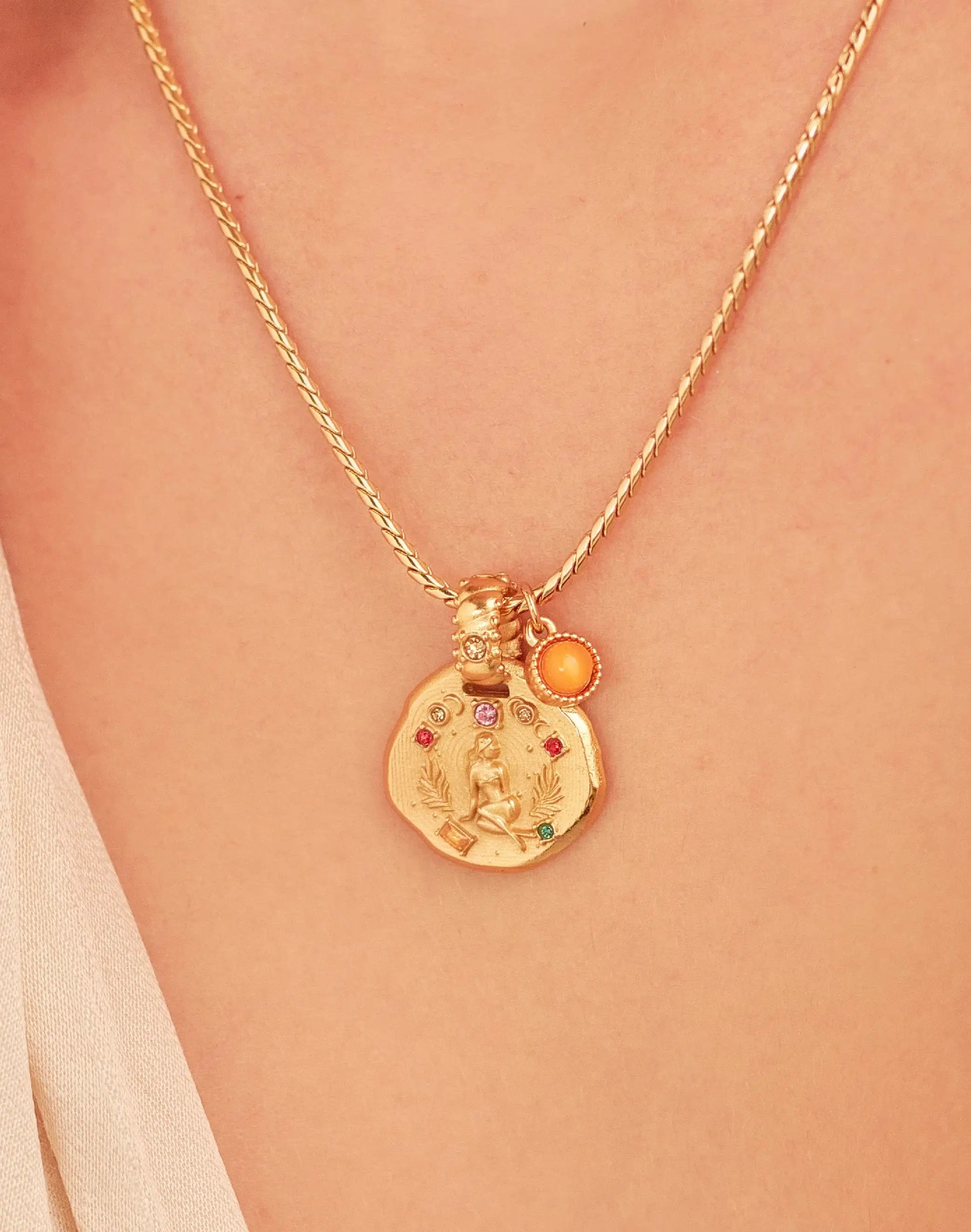 A 24k gold-plated necklace for Virgo  zodiac pendant, accompanied by a natural stone charm.