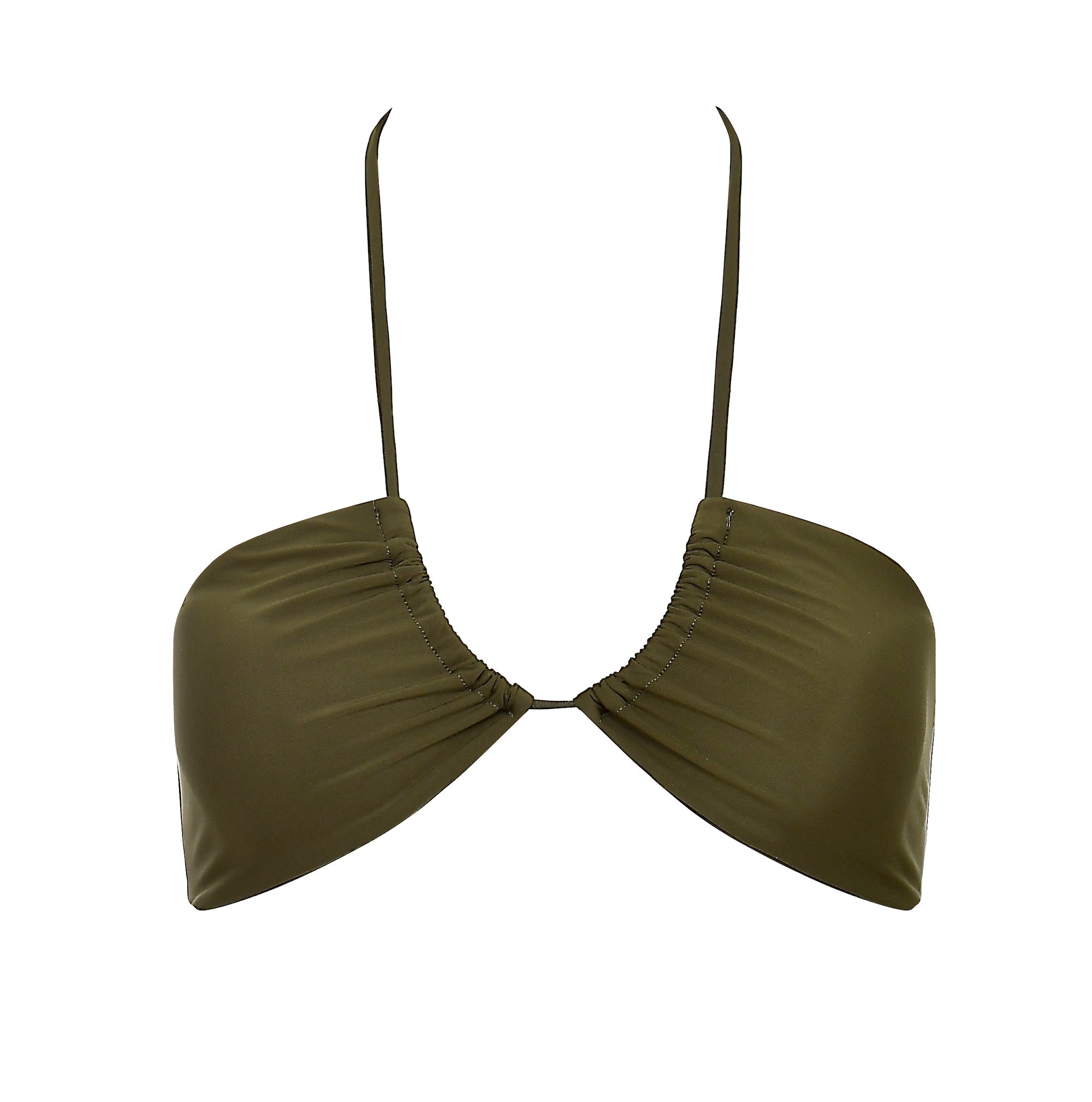 Green bikini top on a white background.
