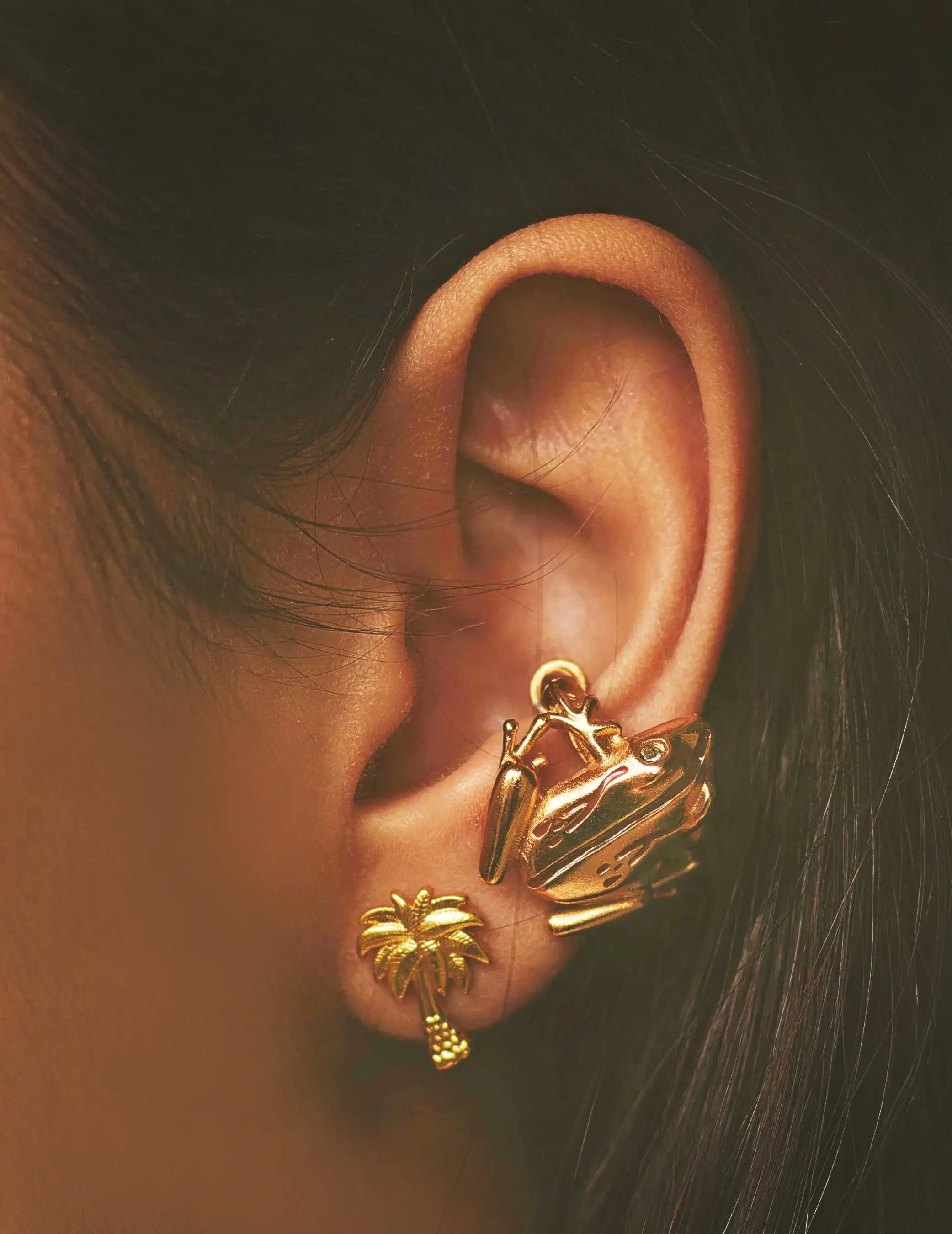 A close-up of a pair of gold-plated palm stud earrings and a Coui frog earcuff.