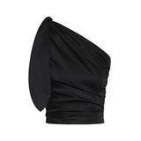 Image of a one shoulder top in black. The image is set against a white background. The purpose of this image is to highlight the clothing by Encantadore because it's for sale at EVAMAIA boutique in Studio City, CA.
