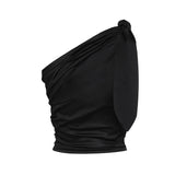 Image of the back of a one shoulder top in black. The image is set against a white background. The purpose of this image is to highlight the clothing by Encantadore because it's for sale at EVAMAIA boutique in Studio City, CA.