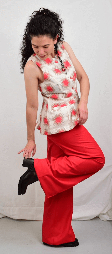 Model wearing red wool pants
