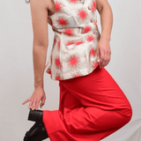 Model wearing red wool pants