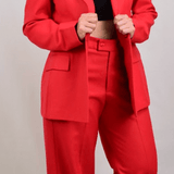 Model wearing red wool pants