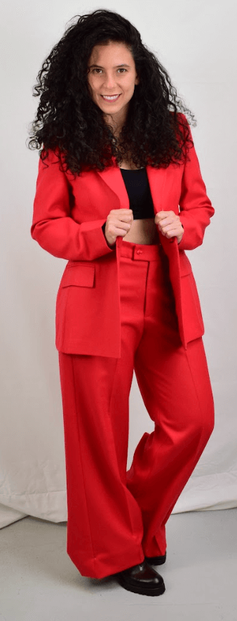Model wearing red wool pants