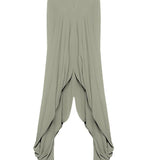 Sage green jumpsuit with a draped design on a white background.
