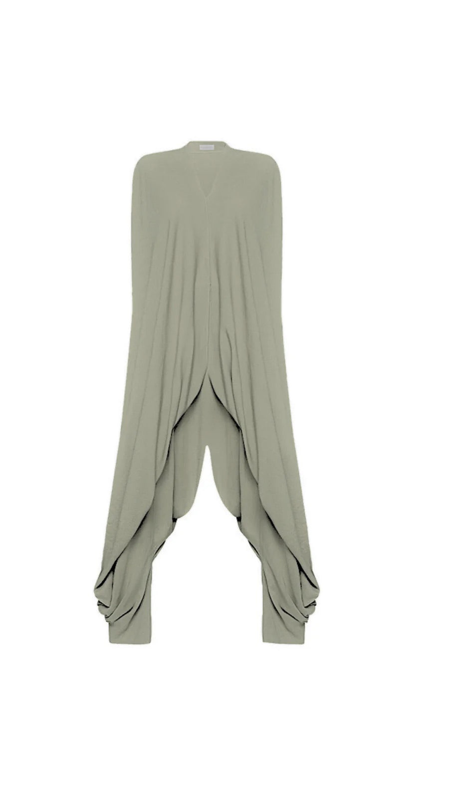Sage green jumpsuit with a draped design on a white background.