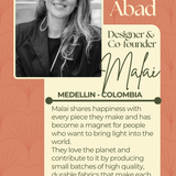 Profile of Amalia Abad, Designer & Co-Founder of Malai, with text about the brand's mission on a decorative background.