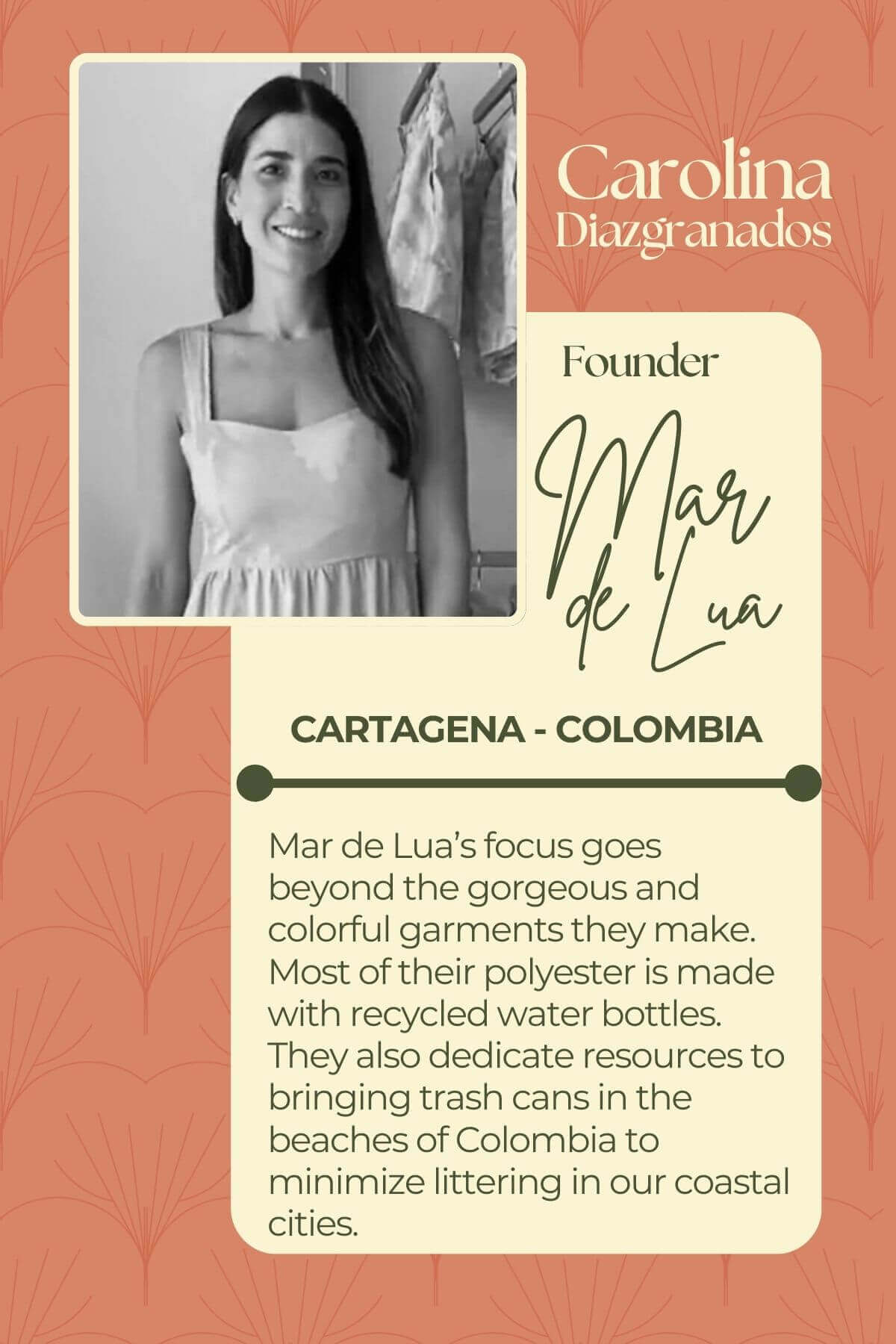 A text card about the Carolina Diazgranados the founder of Mar De Lua Swimwear.