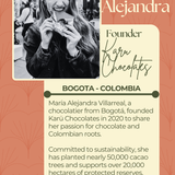 A title card about Maria Alejandra the Founder of Karu Chocolates.