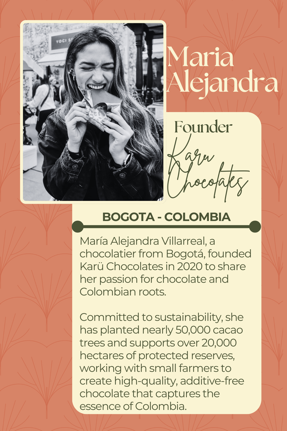 A title card about Maria Alejandra the Founder of Karu Chocolates.