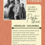 A title card for the brand Natalia Gonzalez the founder and creative director of Pepita&Me.