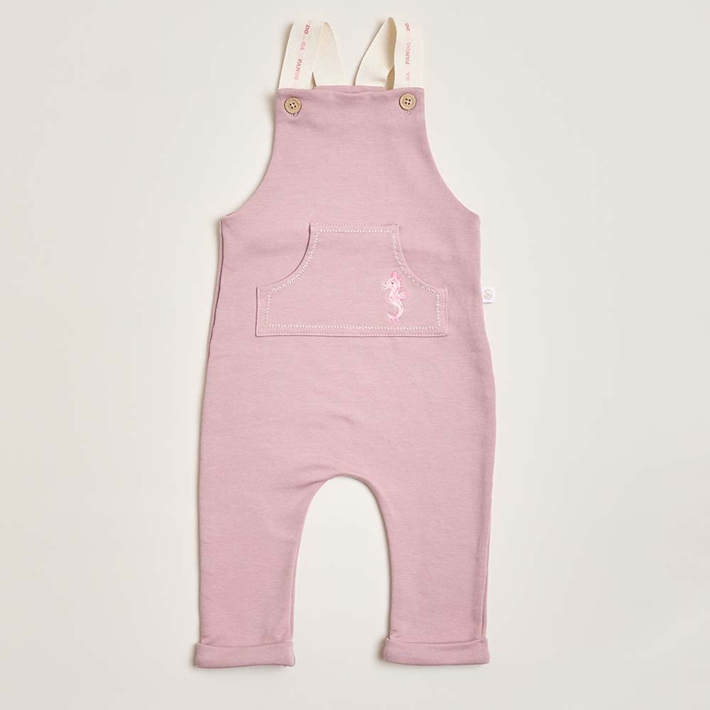 A pink seahorse overall with front pockets and embroidered seahorse detailing.
