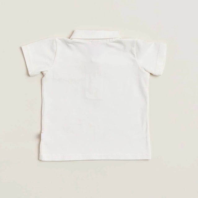 The back of a white soft cotton polo shirt with a faux pocket, standing against a white background.