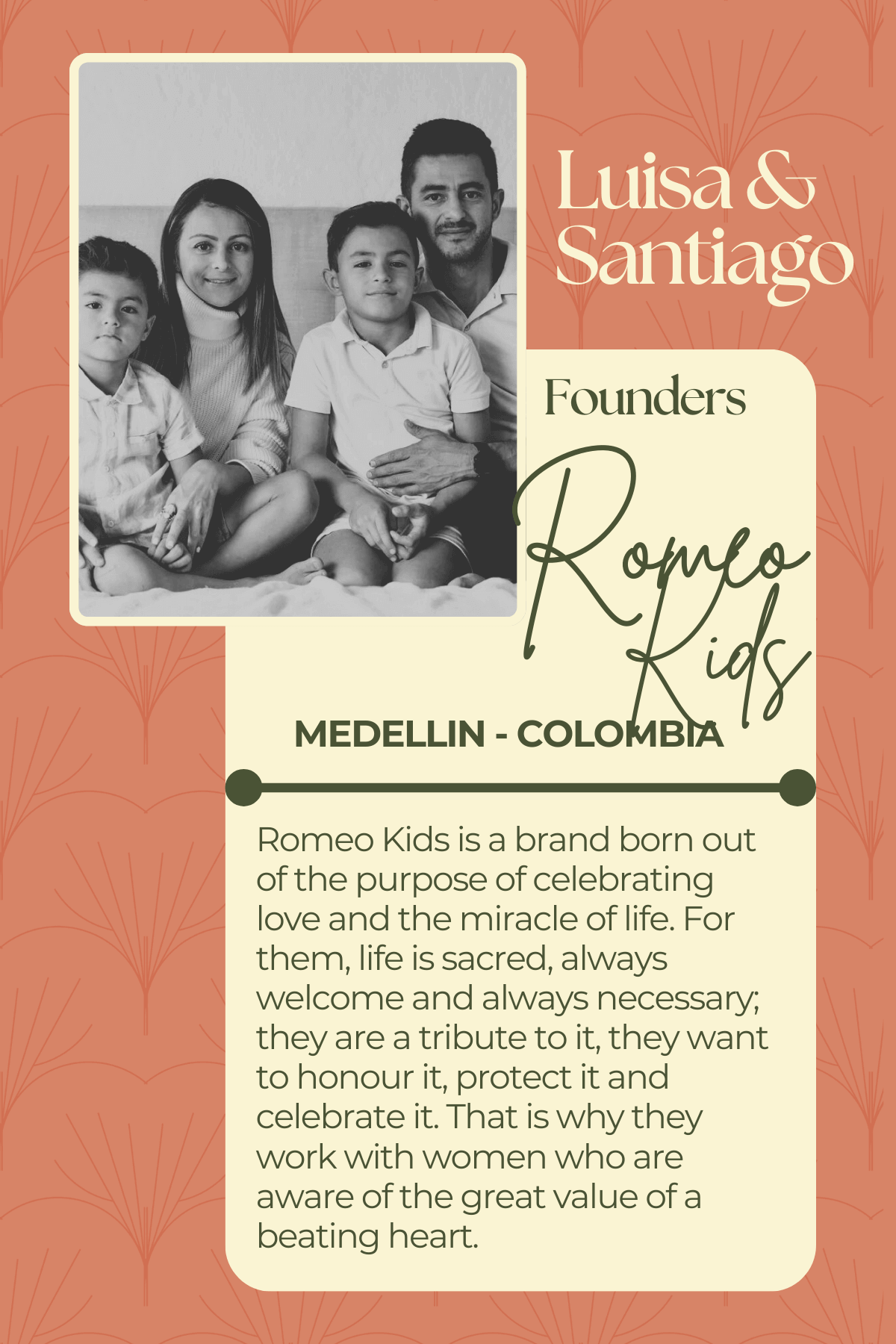 A title card for Luisa and Santiago the founders of Romeo Kids.