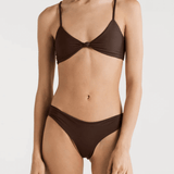A brown triangle bikini set with a center knot detail, adjustable tie at the back, removable pads, mid-rise, and medium back coverage.