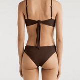 A brown triangle bikini set with a center knot detail, adjustable tie at the back, and removable pads.