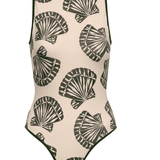 A one-piece swimsuit with a nature-inspired shell print, featuring a high neckline and an open back with a tie closure.