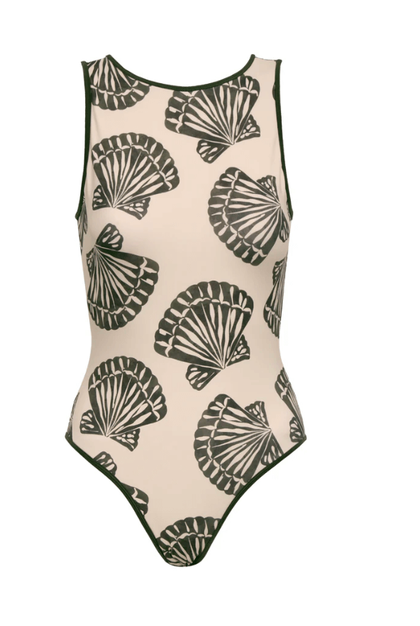 A one-piece swimsuit with a nature-inspired shell print, featuring a high neckline and an open back with a tie closure.