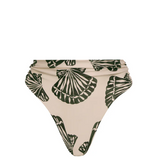 A high-waisted bikini bottom with a shell print, featuring a cheeky bottom.