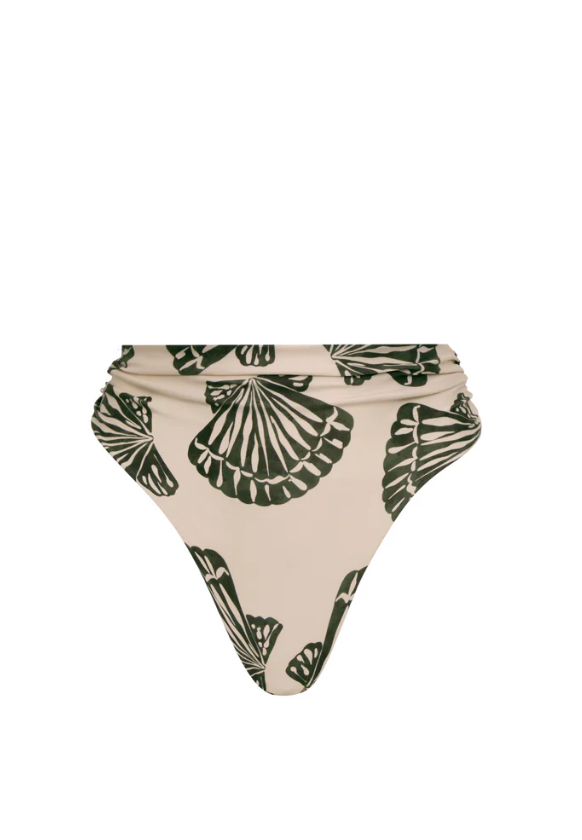 A high-waisted bikini bottom with a shell print, featuring a cheeky bottom.