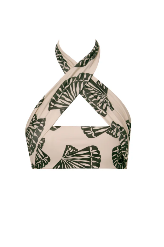 A halter bikini top with a shell print, featuring a crisscross design at the front and an adjustable tie at the back.