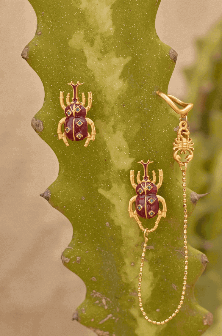 Gold beetle-shaped earrings with red gemstones on a cactus plant.
