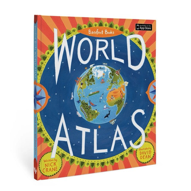 Cover of the 'Barefoot Books World Atlas' featuring an illustration of the Earth surrounded by colorful designs and the names of the continents.