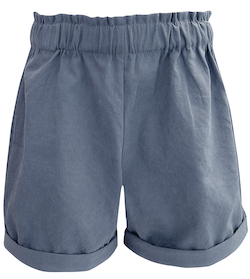 Girls blue shorts with ruffled waistband on a white background.