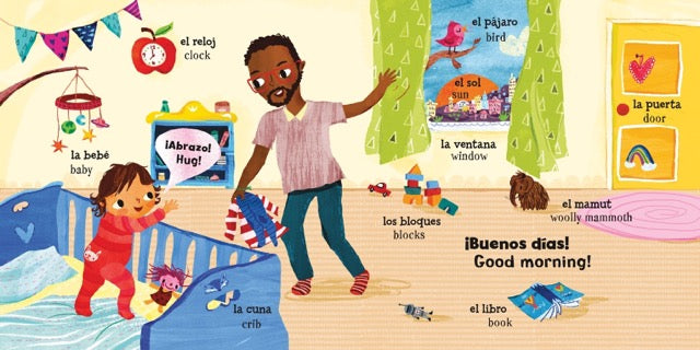 A page from 'Mis primeras palabras - Baby's First Words' featuring a father and his child and all the things in the babies room labeled in Spanish and English.