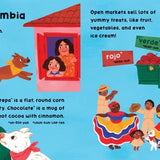 A page from the book 'Colombia.' showing a say in the life and translating certain spanish words to english.