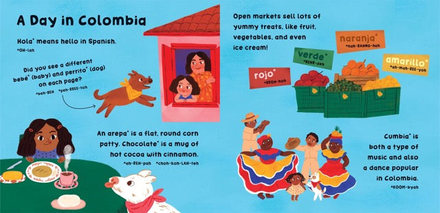 A page from the book 'Colombia.' showing a say in the life and translating certain spanish words to english.