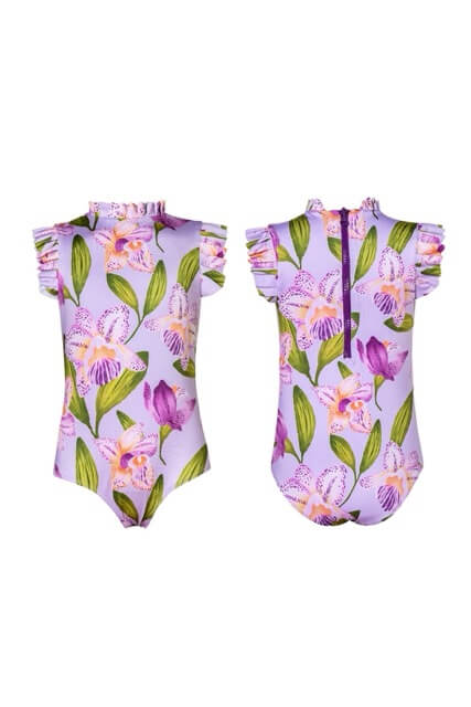 Front and back view of a one-piece swimsuit for girls with a soft lilac base and vibrant orchid print, featuring ruffled cap sleeves and a high neckline.