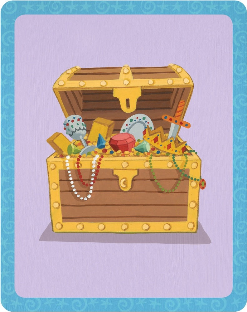 Illustration of a treasure chest with various items on a purple background.