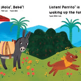 A page from the book 'Colombia.' of a mother and daughter looking out of their window to the beautiful Colombian mountains showing the flora and fauna common in the country.