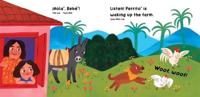 A page from the book 'Colombia.' of a mother and daughter looking out of their window to the beautiful Colombian mountains showing the flora and fauna common in the country.