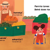 A page from the book 'Colombia.' of a market where certain spanish fruit and words are translated to english.