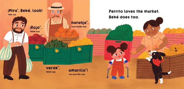 A page from the book 'Colombia.' of a market where certain spanish fruit and words are translated to english.